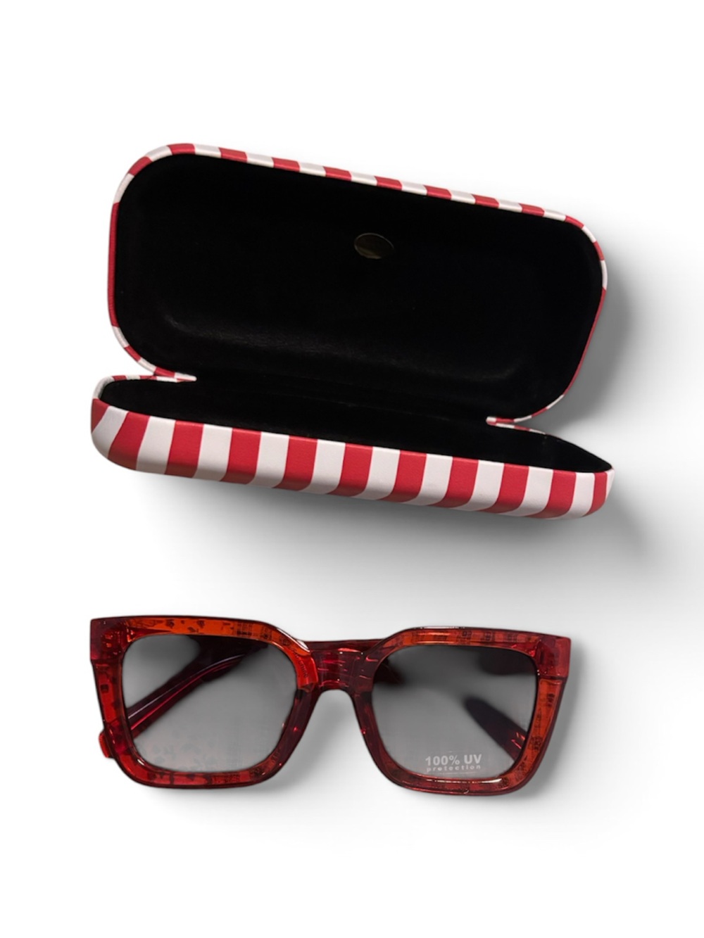 Maurice’s Red Tortoiseshell Square Sunglasses with Red-White Striped Case